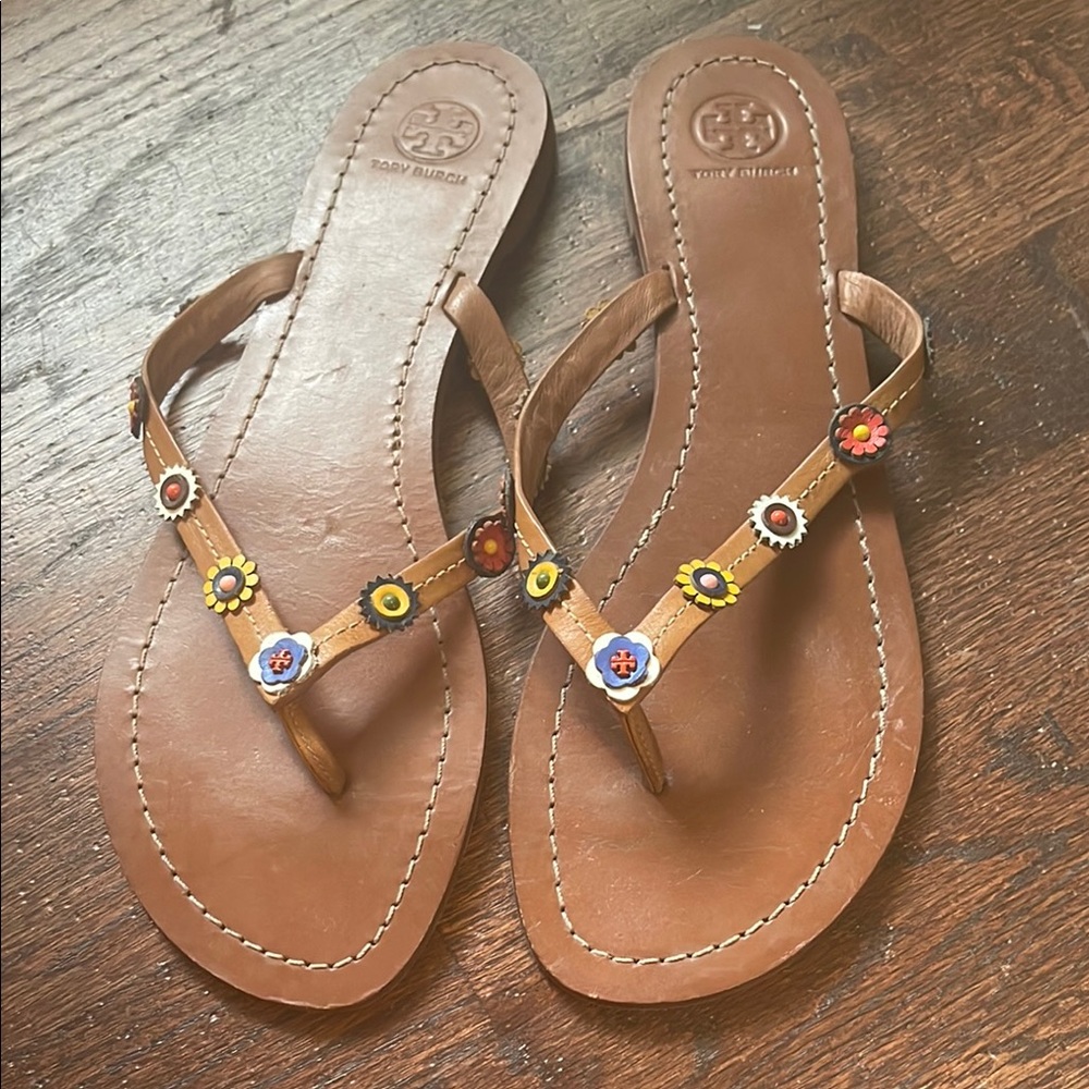 Tory Burch Brown Leather Sandals with Floral Accents